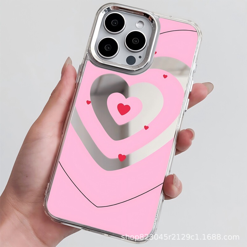 Pink Heart-Shaped Circular Mirror Case Iphone11/12/13/14/15 Apple Electroplated Lens Phone Protective Case Pink Heart-Shaped Circular Mirror Case Iphone11/12/13/14/15 Apple Electroplated Lens Phone Protective Case