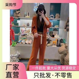 春秋款时尚连帽休闲运动套装女2023年新款桔红色拉链外套两件套潮