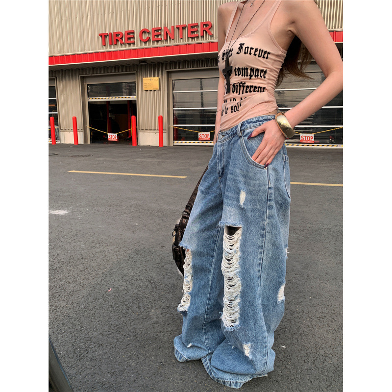 Flocked Letter Mesh Tank Top Spicy Girl Camisole Women's Low-Waist Loose Straight Ripped Jeans Trendy Summer Set