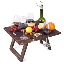 廠家木制戶外野餐桌 便攜式酒桌露營燒烤方形桌 酒杯架木質野餐桌