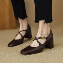 French Square Cowhide Rough Heel Mary Jane Shoes 2024 Spring New Retro Cross Buckle Pumps