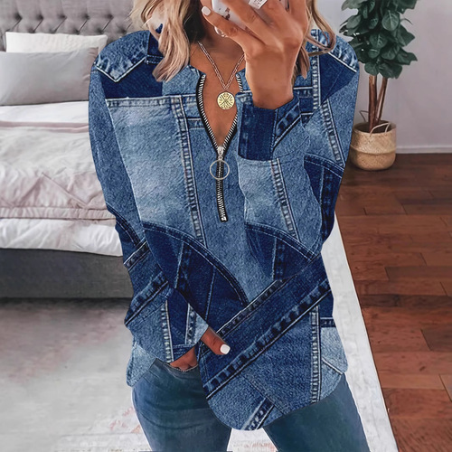 2025 European and American Spring and Summer Amazon TEMU New Women's Knitted Fabric Print Zipper Casual T-shirt Short-sleeved Women
