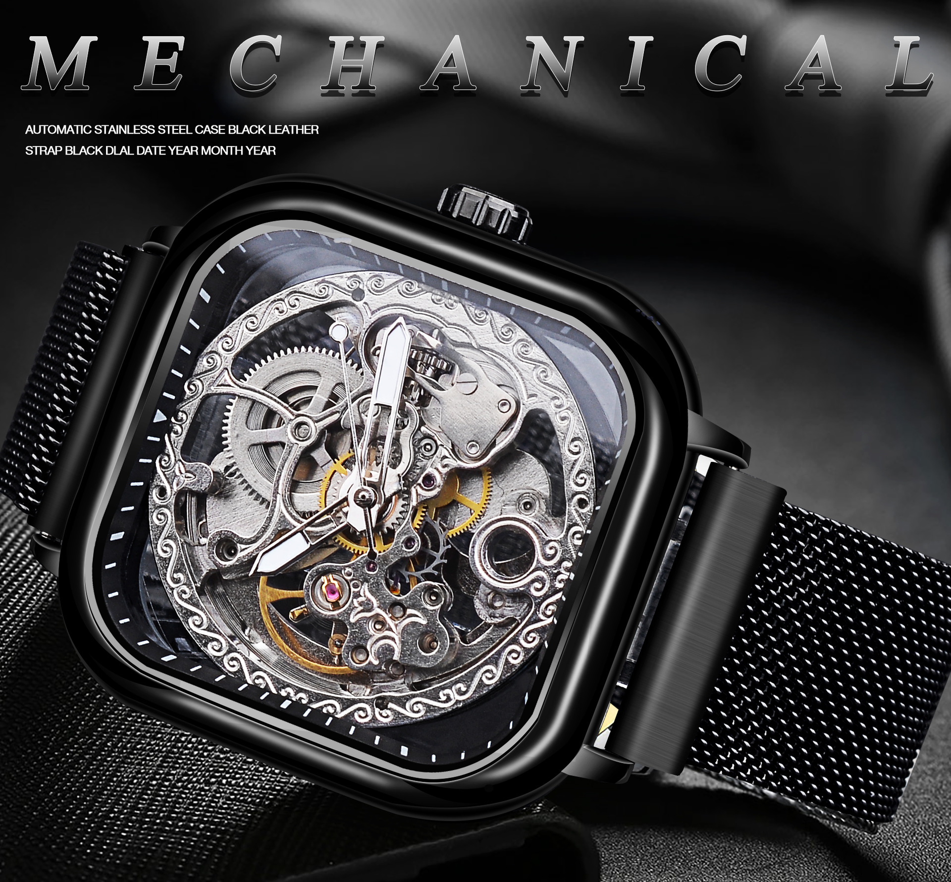 Forsing Hollow Men's Fully Automatic Mechanical Watch Square Dial Mesh Band Watch_voghion.com