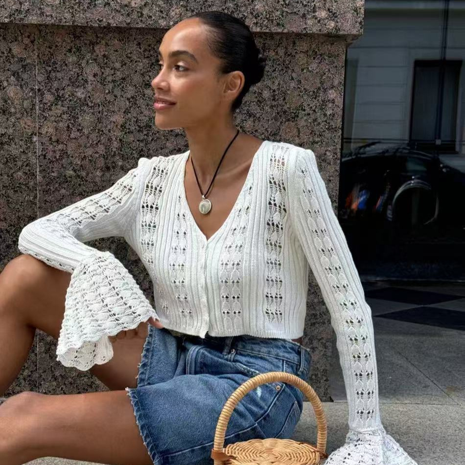 European And American Cross-border Fashion Hollow-out Cardigan For Women, New Solid Color Long-sleeve V-neck Short_voghion.com