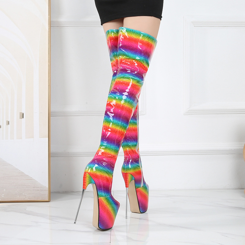 Boot nữ cổ cao ôm bắp chân gót 19 cm sọc cầu vồng phong cách Âu Mỹ — Màu hoa chi tiết 1