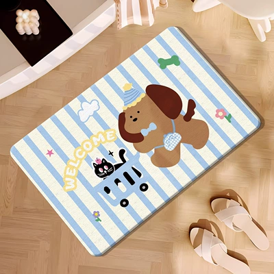 Avtomobil döşəmə paspasları, Mat, Bathroom Hard Diatom Mud - blue-striped-shopping-cart-puppy-354509cm-square-white-background