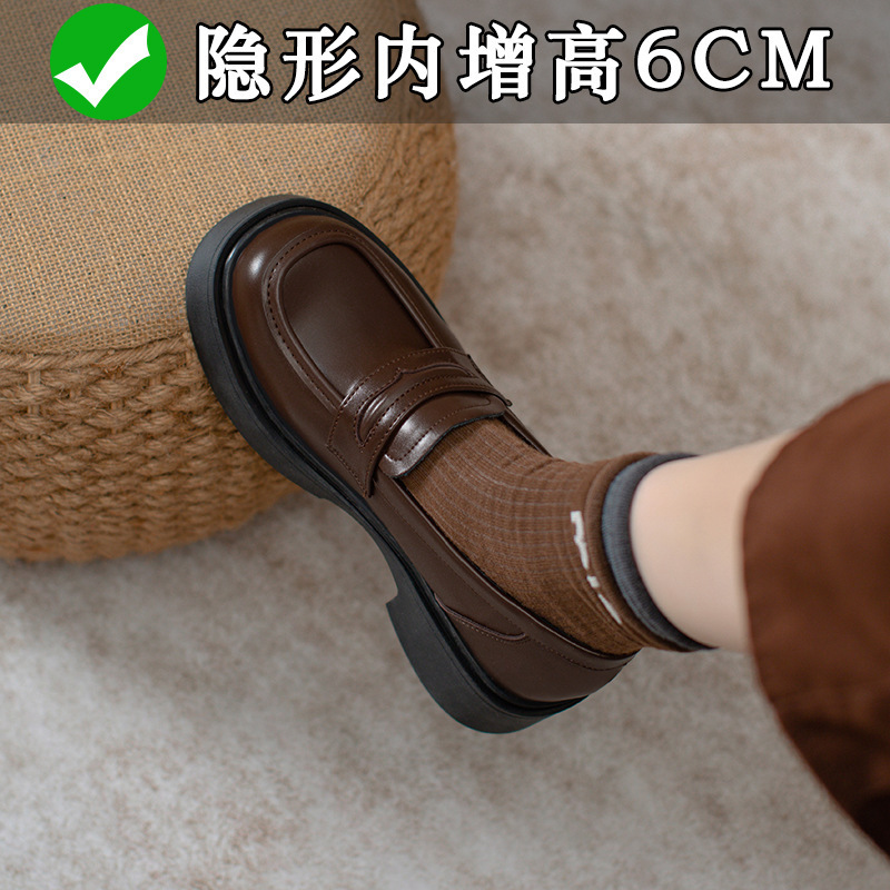 6cm 여성용 정품 가죽 브라운 라운드 토 로퍼, 슬립온, 내부 강화 두꺼운 밑창 작은 가죽 신발, 심플한 사이즈 32 신발