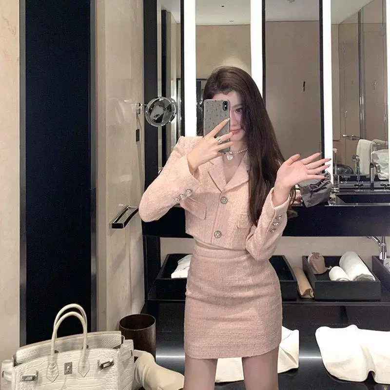Set, short fuchsia classic suit jacket, fitted skirt, Chanel style, Korean style, high waist