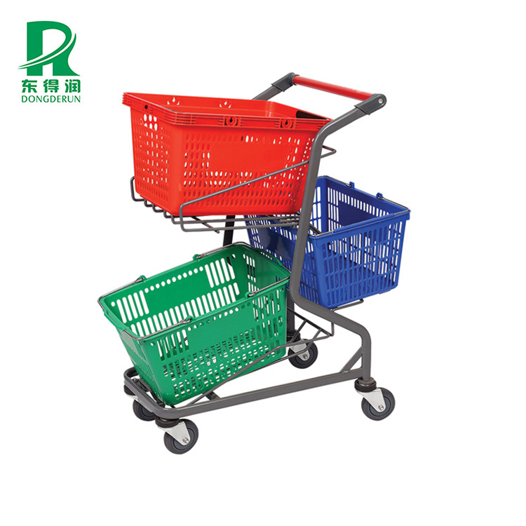 商场带三篮子手推车 超市金属3篮购物车  购物提篮车