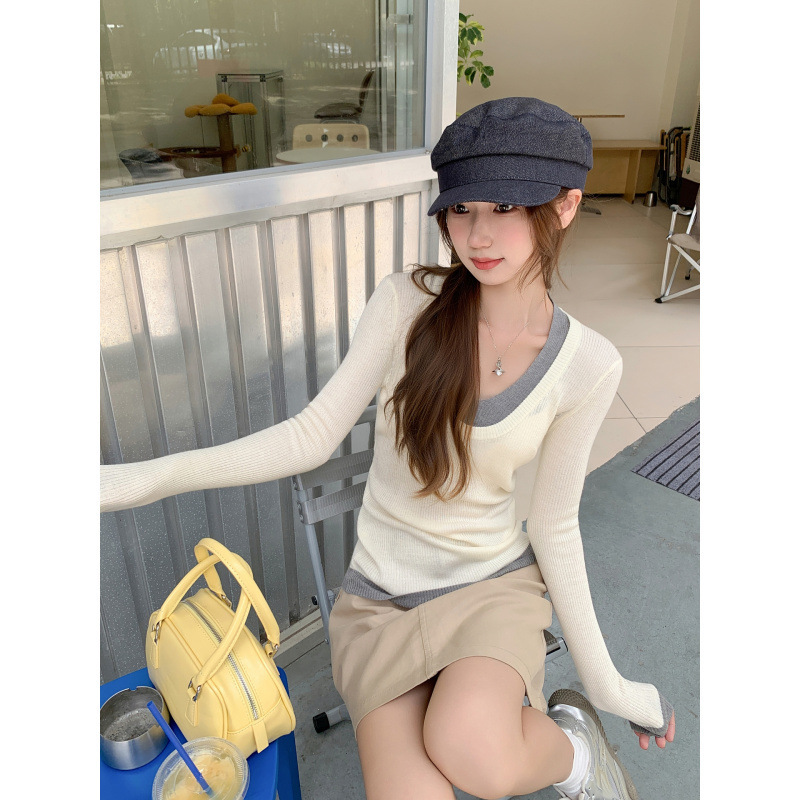 韩系拼接撞色假两件V领针织衫女早秋新款修身显瘦内搭打底衫上衣|undefined