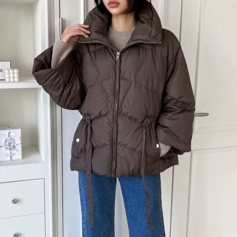 Winter short colored jacket with zipper, high collar, drawstring, increased thickness, wholesale