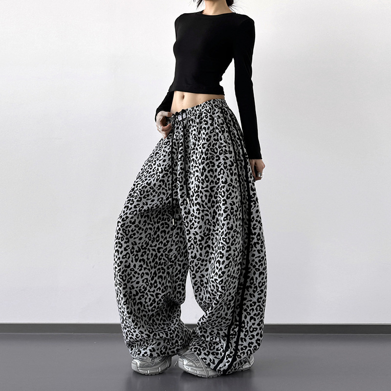 Classic Design Leopard Print Casual Pants for Women 2025 Spring & Fall New Style High Waist Tall Student Hip-Hop Wide Leg Pants