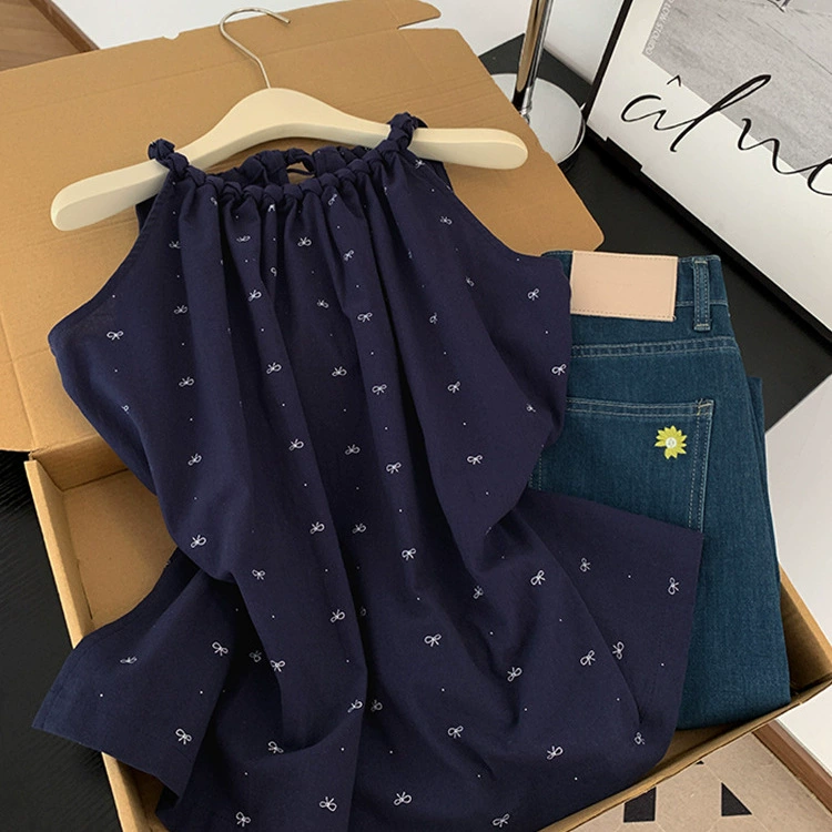 Летний топ без рукавов, темно-синий тканый жилет с бантом и круглым вырезом на спине, рубашка для женщин