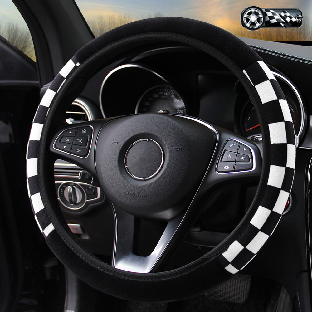 Negro y blanco Plaid felpa invierno cálido coche accesorios sin anillo interior cubierta del volante adecuado para 14,5-15 pulgadas mujeres