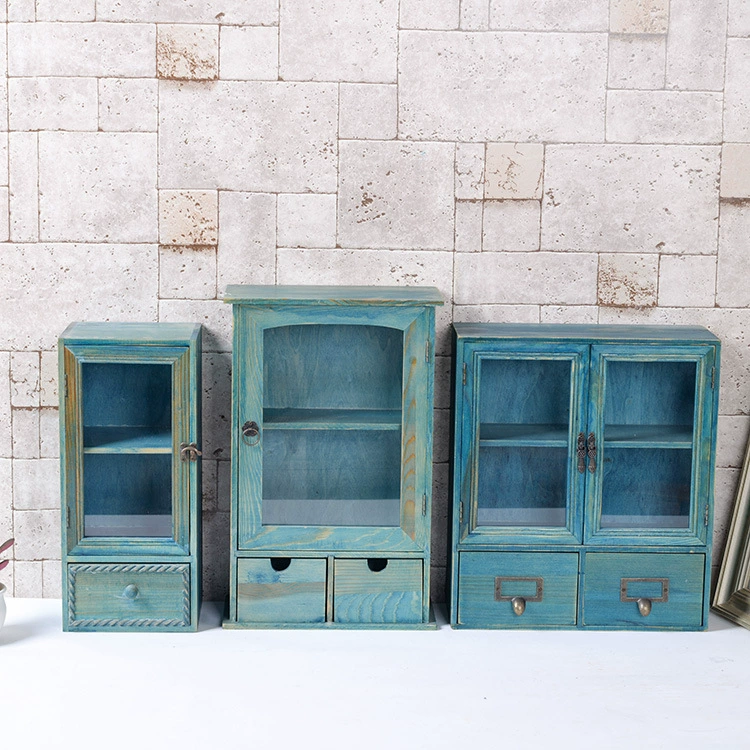 Японская ретро-потертая деревянная коробка, синяя стеклянная дверная решетка, ящик для хранения, ящик для хранения домашней косметики и органайзер