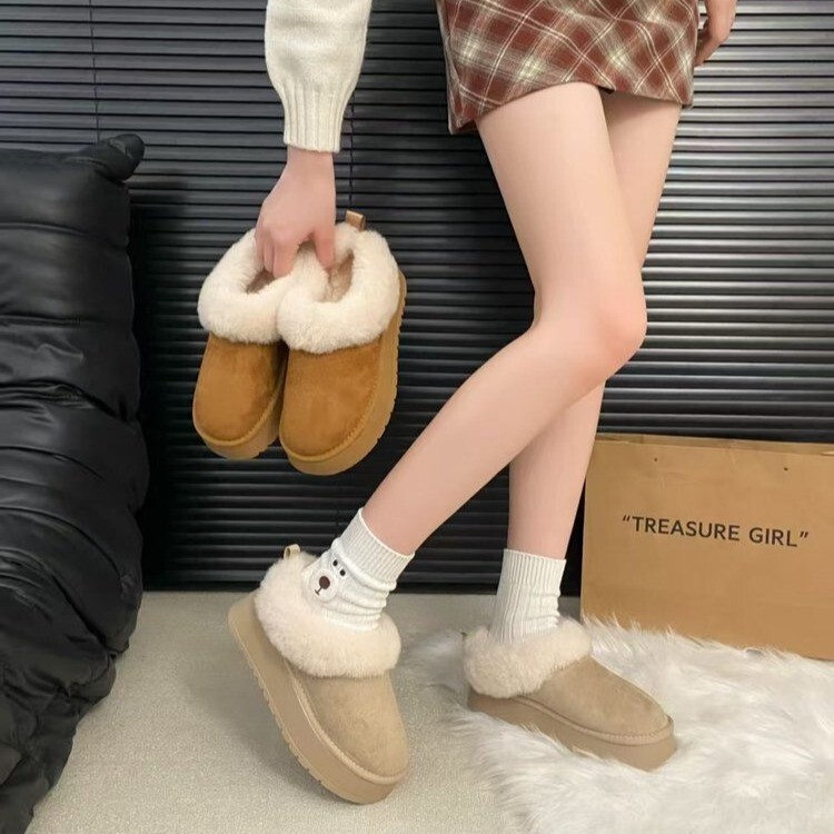 Thick-Soled Bag-Heeled Cotton Slippers for Women to Wear Outside in Winter, Warm Fleece-Lined and Thickeneded 2024 New Fashion Versatile Snow Boots for Women