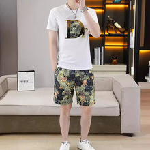 纯棉T恤男套装青少年短袖短裤休闲运动潮牌欧货情侣装搭配两件套