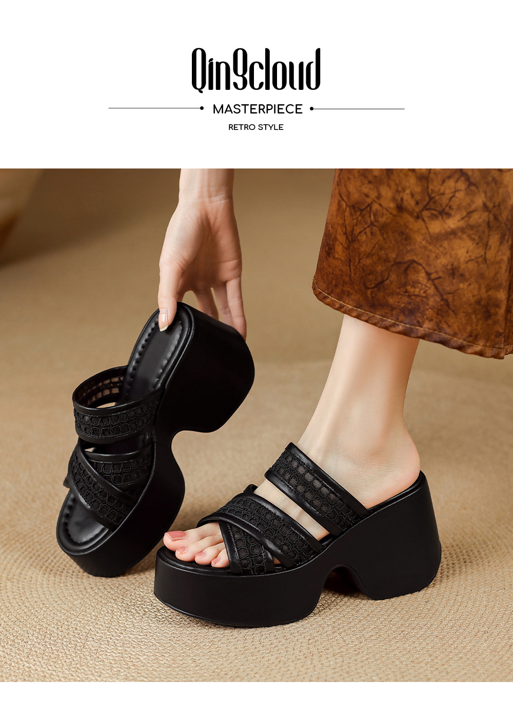 Sandal cao gót nữ quai chéo đế xuồng hở mũi gót 9 cm — màu đen, màu trắng ngà chi tiết 1