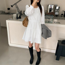 女装早秋新款时尚甜美抽绳收腰减龄少女长袖小个子连衣裙黑白短裙