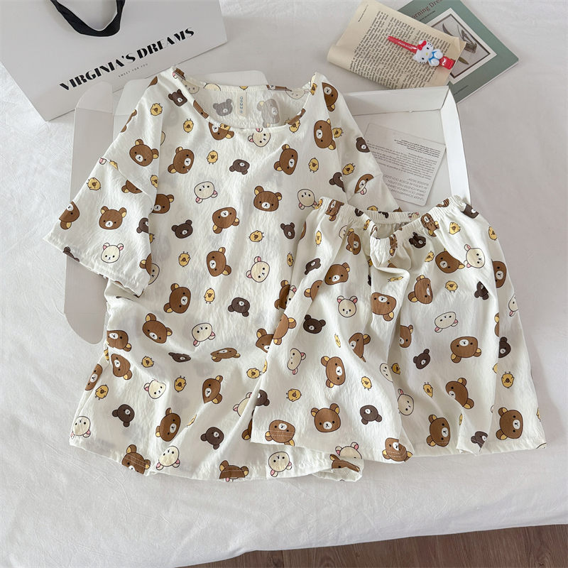 Transfronterizo al por mayor pijamas de algodón nubes de dibujos animados ropa de casa de mujer chaqueta manga corta pantalones cortos set set de cuello redondo set de dos piezas