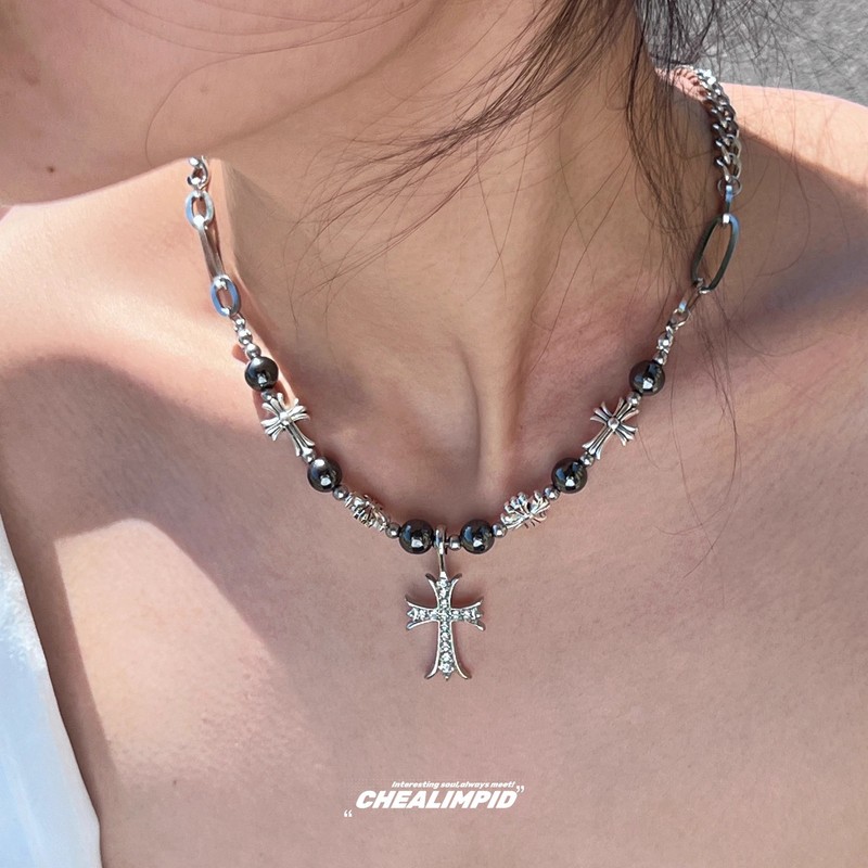 Cross Black Gallstone Beaded Diamond Necklace Accessible Luxury High-End Street Hip-Hop Stylish Trendy Clavicle Chain for Men and Women
