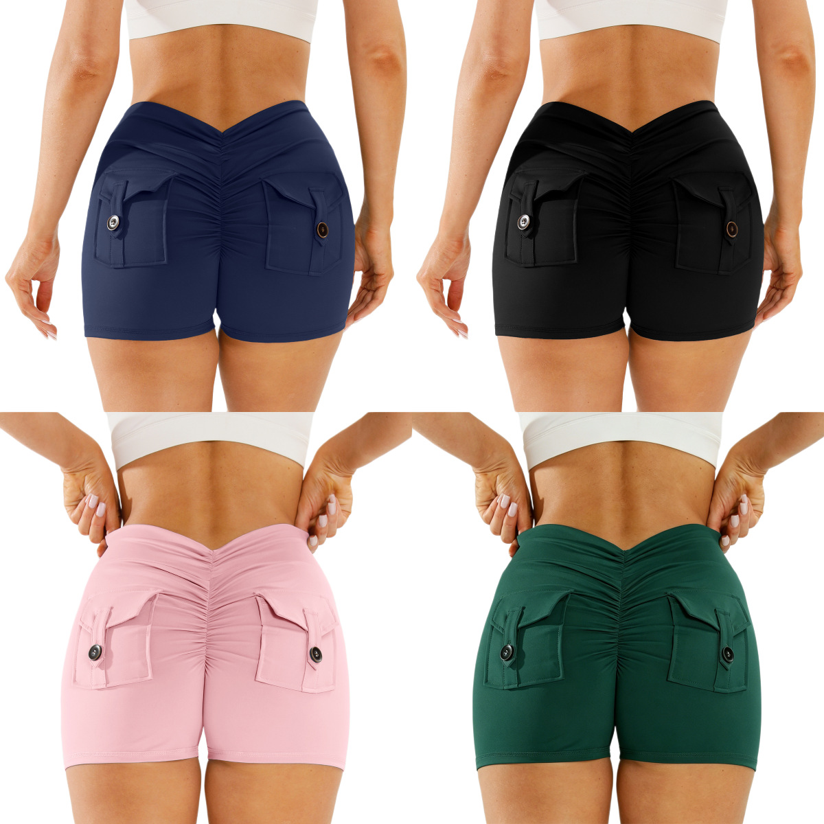 Europa y América de herramientas de bolsillo pantalones cortos de yoga de cintura alta V cintura de elevación de cadera rápido secado elástico fitness running panty