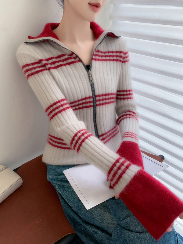 Lapel Zipper Cashmere Cardigan for Women 2026 Autumn and Winter New Style Knitted Sweater Jacket Versatile Casual Wool Sweater