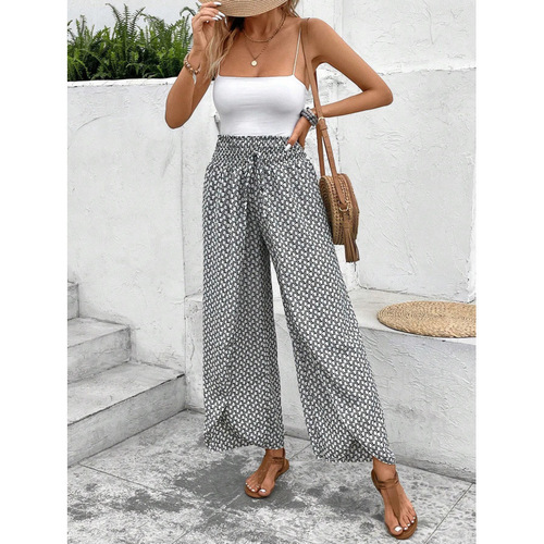 2025 Summer Fashionable All-Match Floral Side-Slit Wide-Leg Culottes for European and American Women