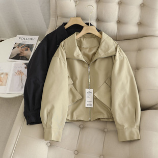 Lyocell Petite Stand Collar Work Jacket Casual Pocket Design Loose Trench Coat Short Jacket Women