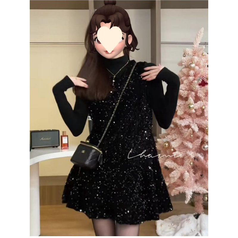 小香风亮片背心裙套装女初秋2024新款今年流行漂亮裙黑色连衣裙子