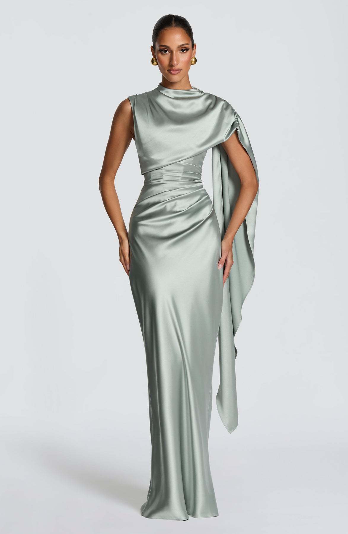 Women's Satin Turtleneck Dress With Ribbon Decoration For Evening_voghion.com