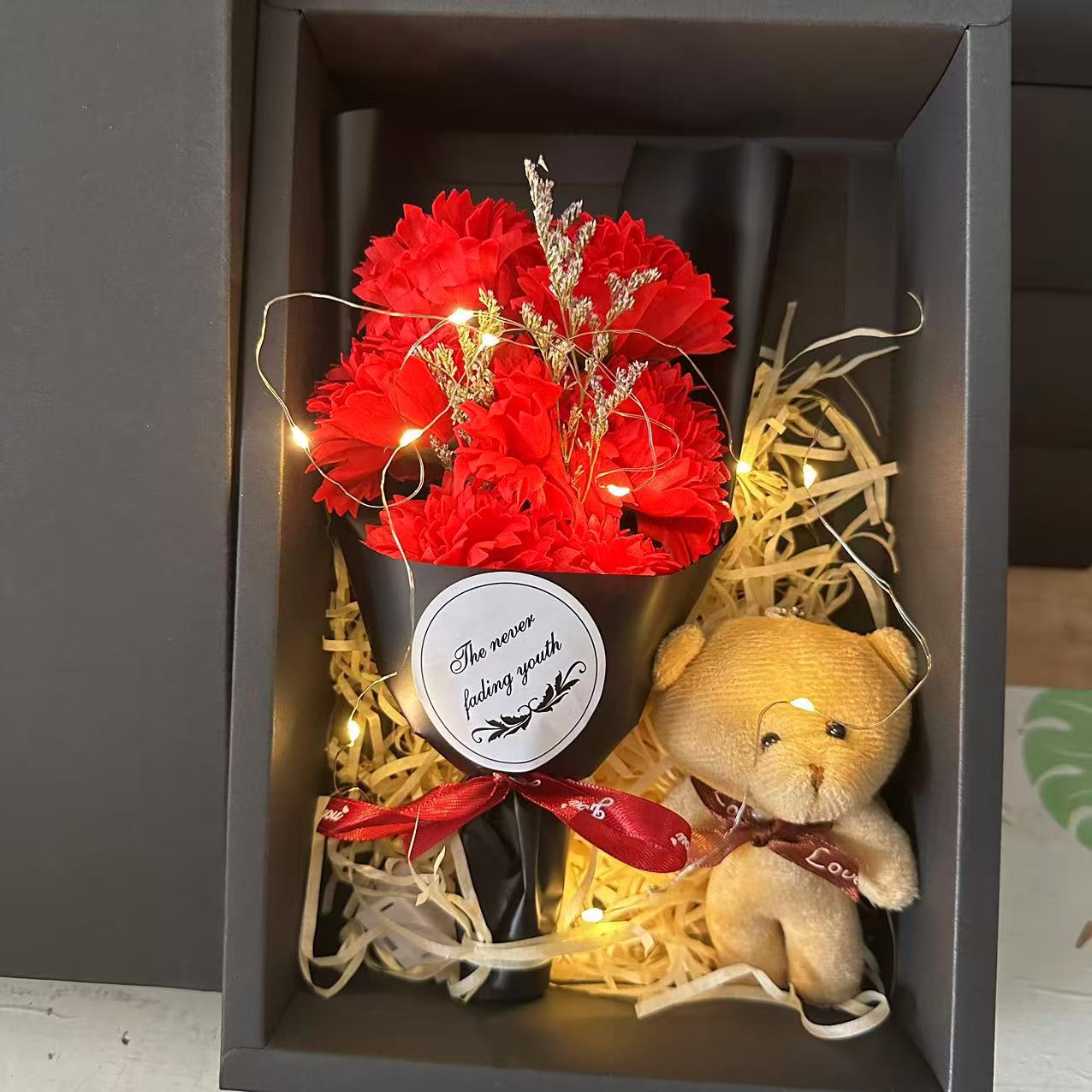 Home & Garden 7-Piece LED Soap Flower Gift Box - Elegant Rose & Carnation Bouquet With Warm LED Lights For Christmas, Valentine's Day, Birthday_voghion.com