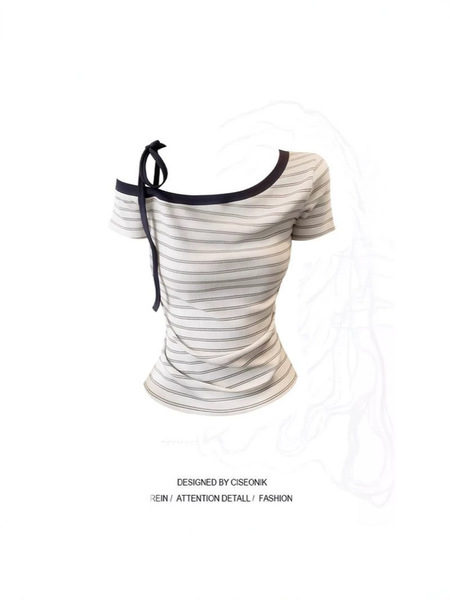 Navy striped slanted shoulder short-sleeved T-shirt for women in…