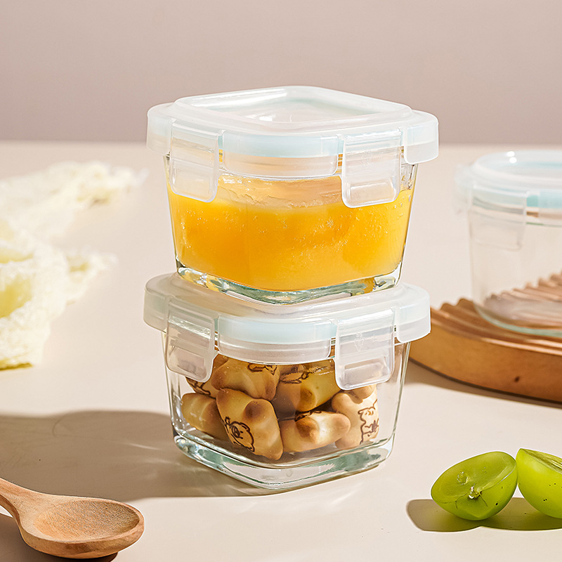 Tazón de vidrio para bebé, caja de alimentos complementarios, tazón de huevo al vapor, caja de mantenimiento fresco de vidrio, caja de almuerzo, caja de muestra, caja de almuerzo pequeña, herramientas de alimentos complementarios para bebés