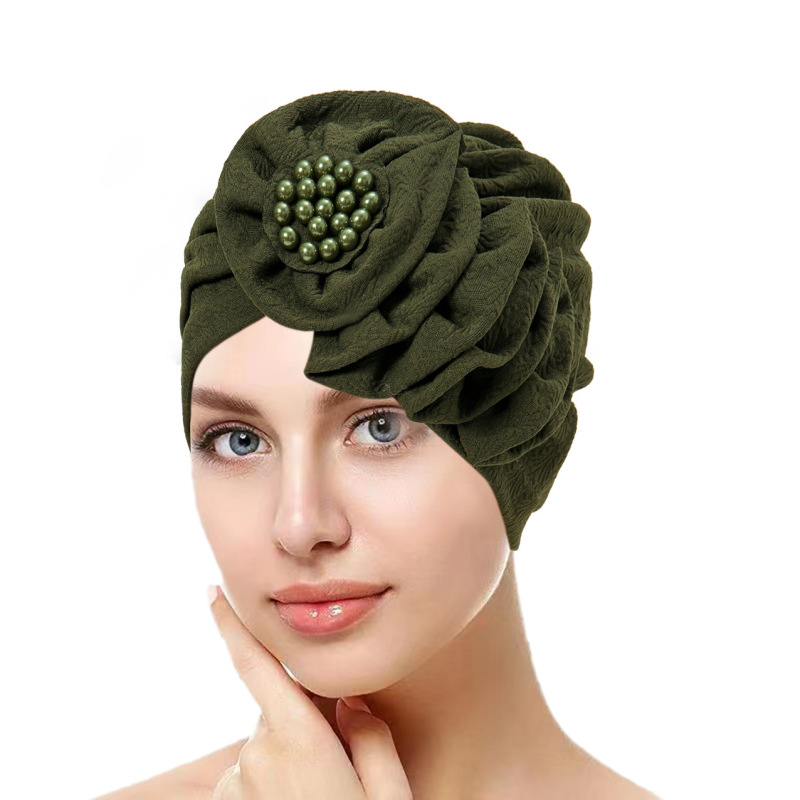 Cross-border foreign trade four seasons flower solid color wrinkle long single-side applique headscarf hat fashion street shot hat in stock