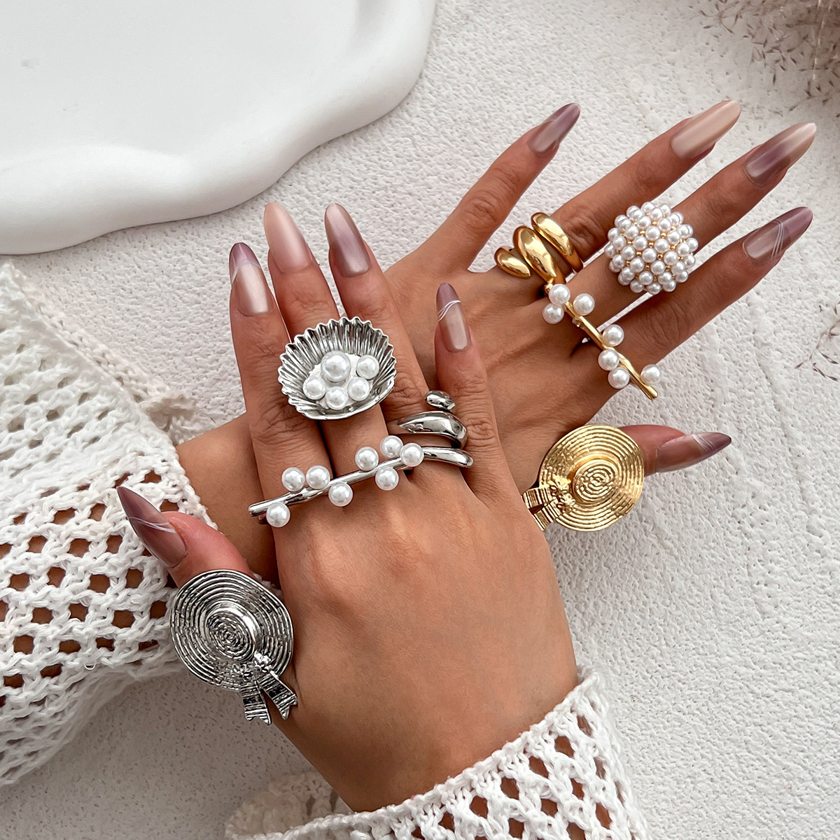 10g Weight Rings Classification Adjustable Ring Size 1 Piece Quantity Holiday Occasion Imitation Pearl, Alloy Material Waves, Flower Pattern 2025 Spring and Summer Season Women's Gender Plating Design Glam, Exaggerated Style Glam Exaggerated Waves Flower Imitation Pearl Alloy Plating Women's Rings 6
