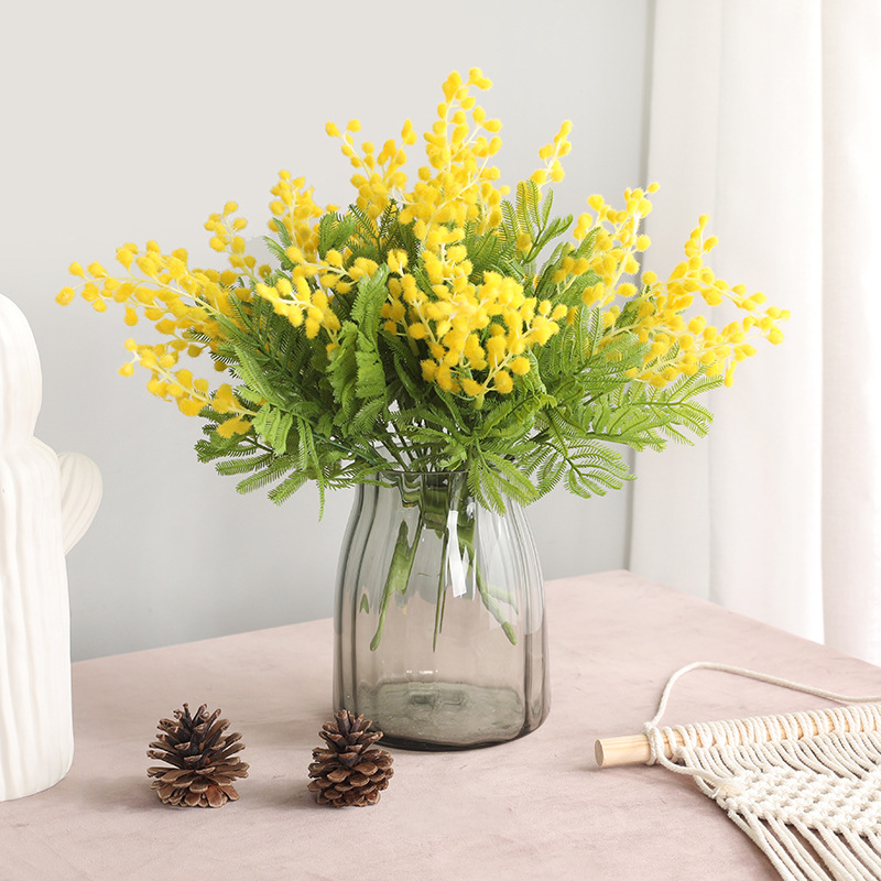 Korean-style bride's hand bouquet of artificial mimosa flower, living room home decoration 5 heads yellow family happiness artificial flower
