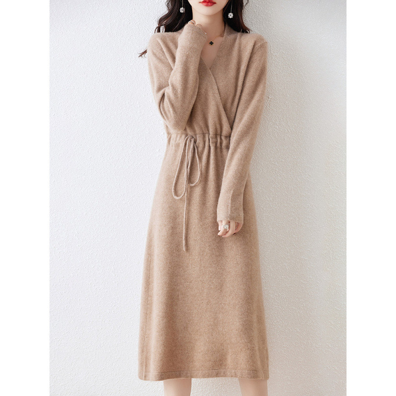 Autumn and Winter Knitted Dress for Women, Long Dress with Cross V-Neck, Sweater Dress with Waist-Cinching Design, Over-The-Knee, Elegant and Slimming Wool Dress