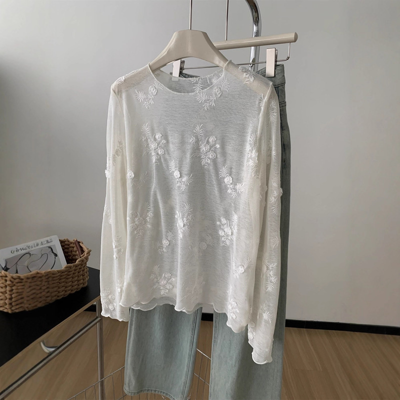 French-Style Retro White Lace Round Neck T-Shirt for Women, Gentle and Versatile, Ruffled Long-Sleeve Base Shirt, Sheer Inner Layer for Autumn