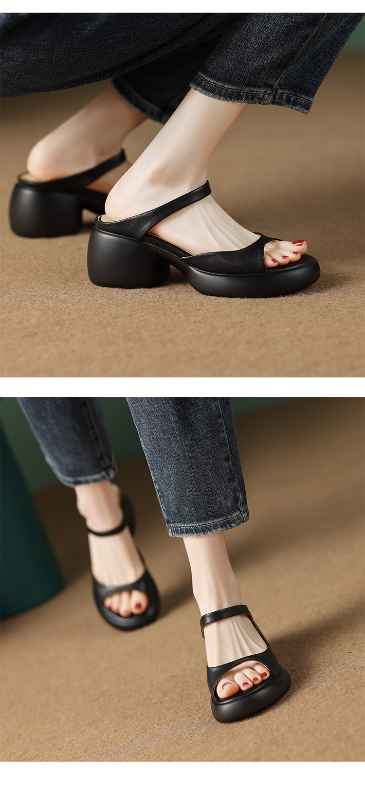 Sandal cao gót hở mũi nữ phong cách Pháp đế dày chống trượt — màu đen, màu trắng ngà, màu vàng chi tiết 13