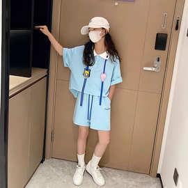 女童夏装POLO衫套装2024新款中大童洋气女孩翻领短袖五分裤两件套