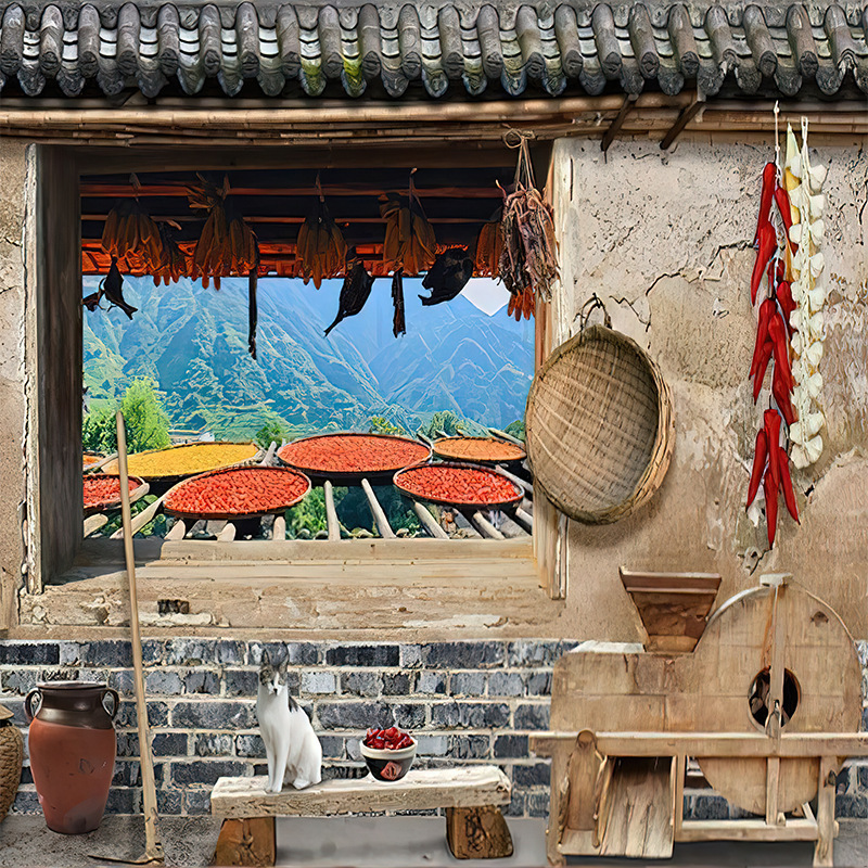 Live Broadcast Room Background Wall Cloth, Rural Grain Harvest, Peppers, Corn, Agricultural Products, Anchor Brings Goods, Old House Photo Cloth