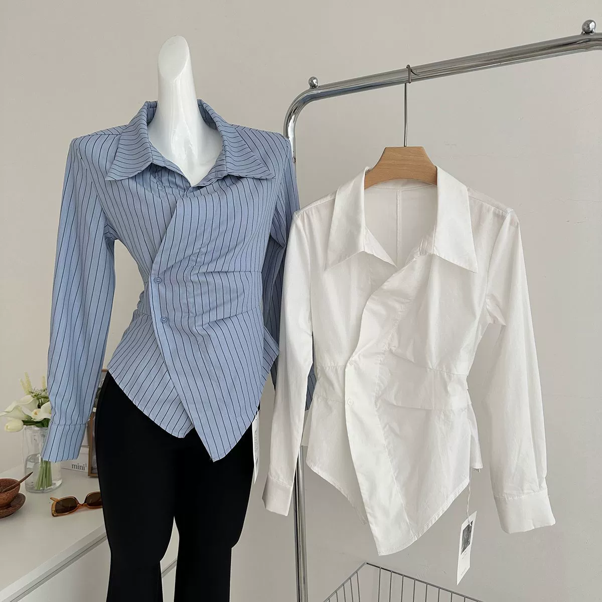 Короткая сексуальная рубашка с длинным рукавом, осенняя синяя, в французском стиле