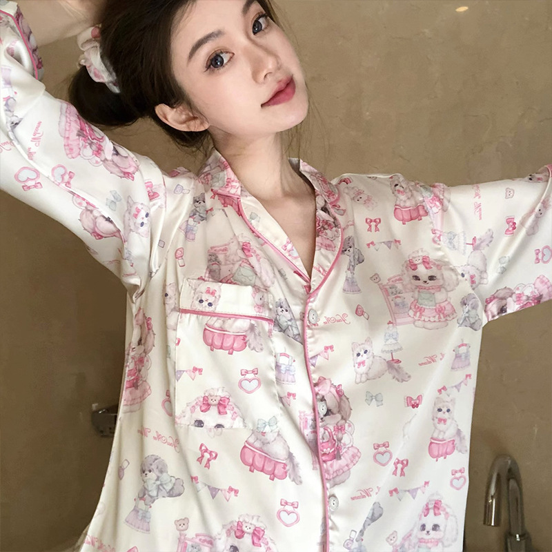 新款仿真丝甜美少女卡通印花高级感长袖睡衣女夏季家居服套装代发