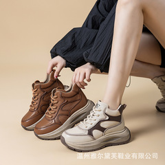 真皮高帮鞋女秋新款2025增高复古风短筒马丁靴软底拼色运动休闲鞋