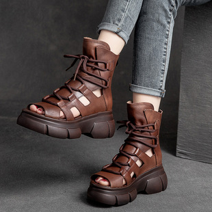 Shanghai Jie Chuchun New Thick Bottom Round Toe Open Toe Thick Bottom Color-polished Retro Roman Shoes Front Lace-up Martin Sandals