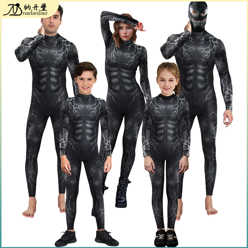 2025 Autumn and Winter New European and American Movie Venom Costume Jumpsuit Halloween Horror Hooded Bodysuit Costume