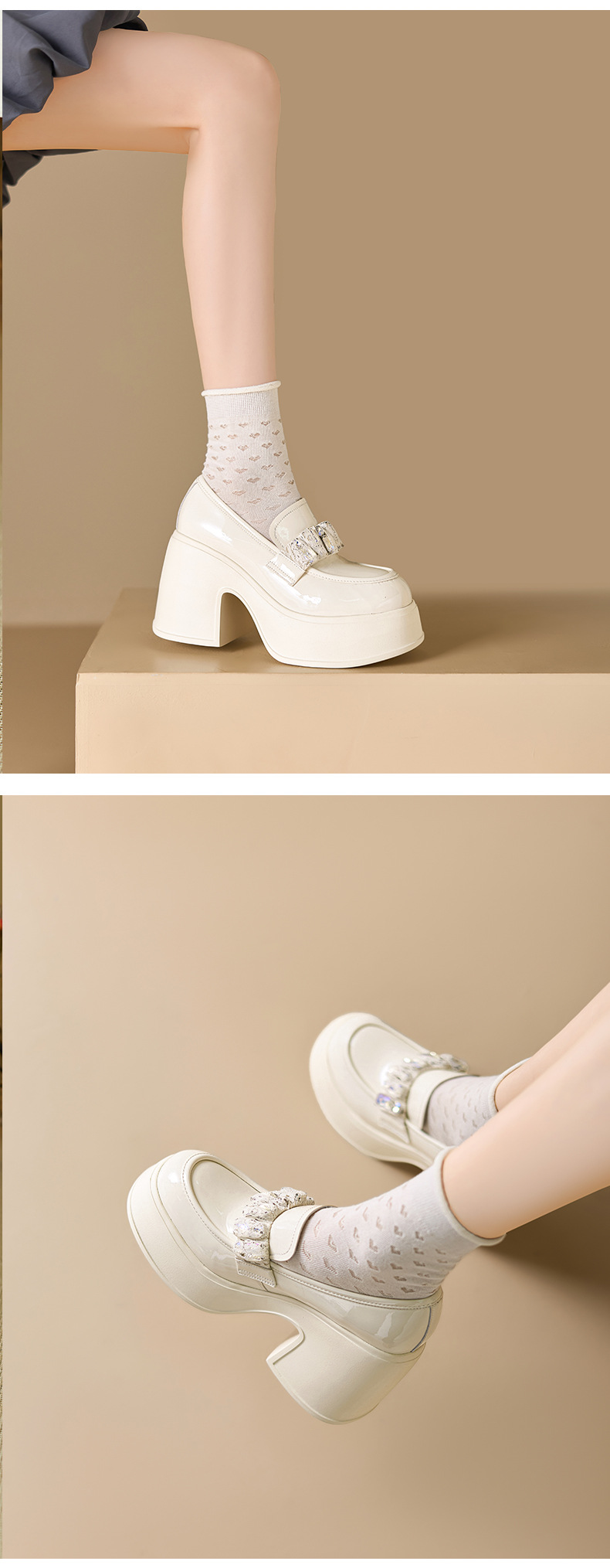Giày loafer nữ mũi tròn gót vuông đính đá phong cách JK — màu đen, màu trắng ngà chi tiết 6