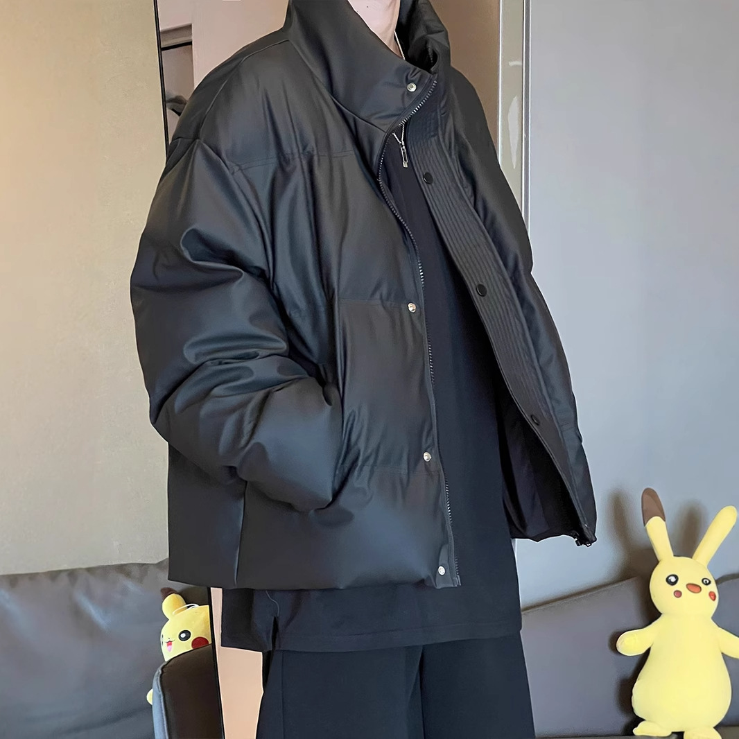 Cuero DE LA PU de algodón acolchado abrigo hombres American High Street marca de moda suelta gruesa chaqueta caliente corto a prueba de viento de cuello alto abrigo de pan casual