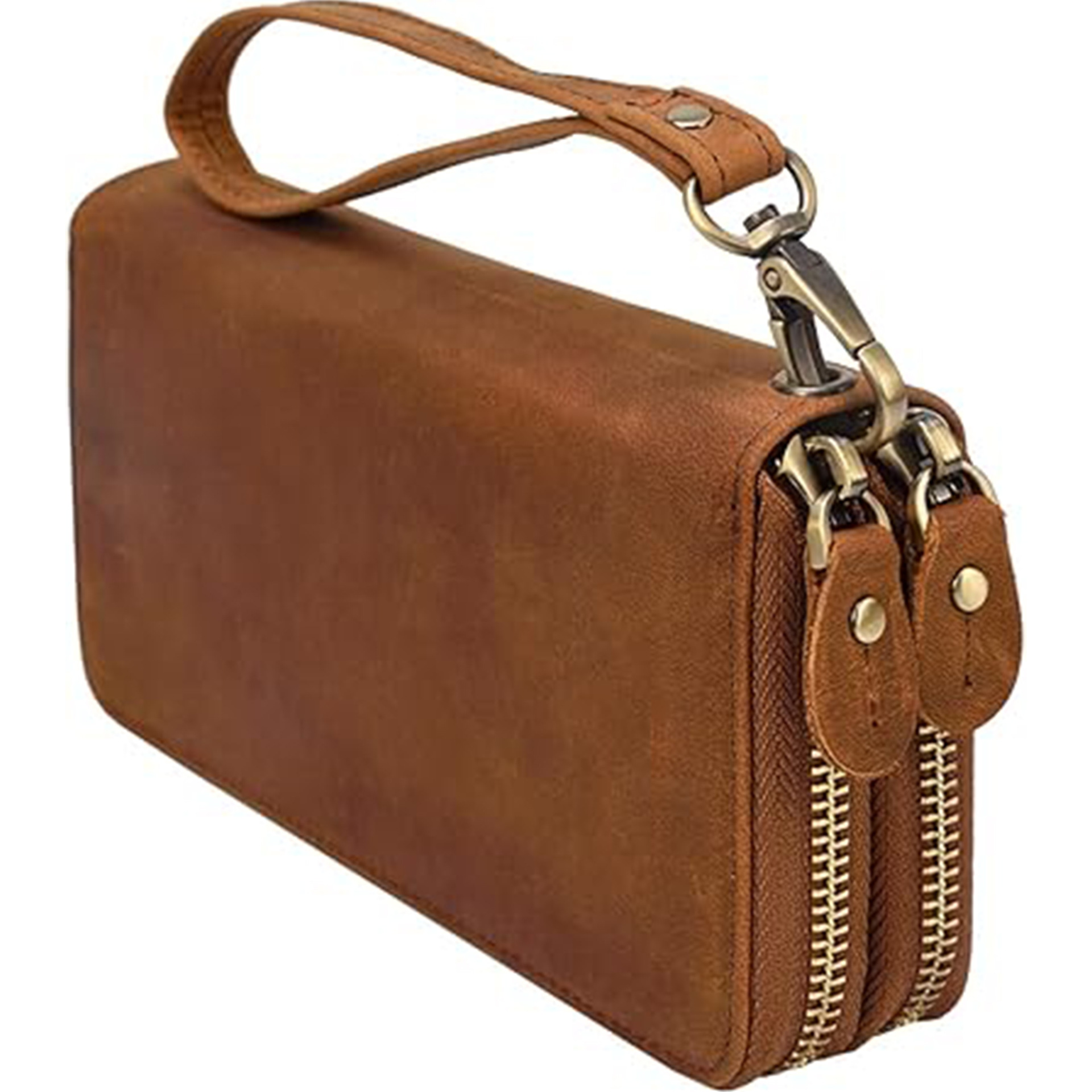 Amazon doble billetera de cremallera de cuero de vaca, bolso de mano de gran capacidad, bolso de mano de caballo loco para hombres